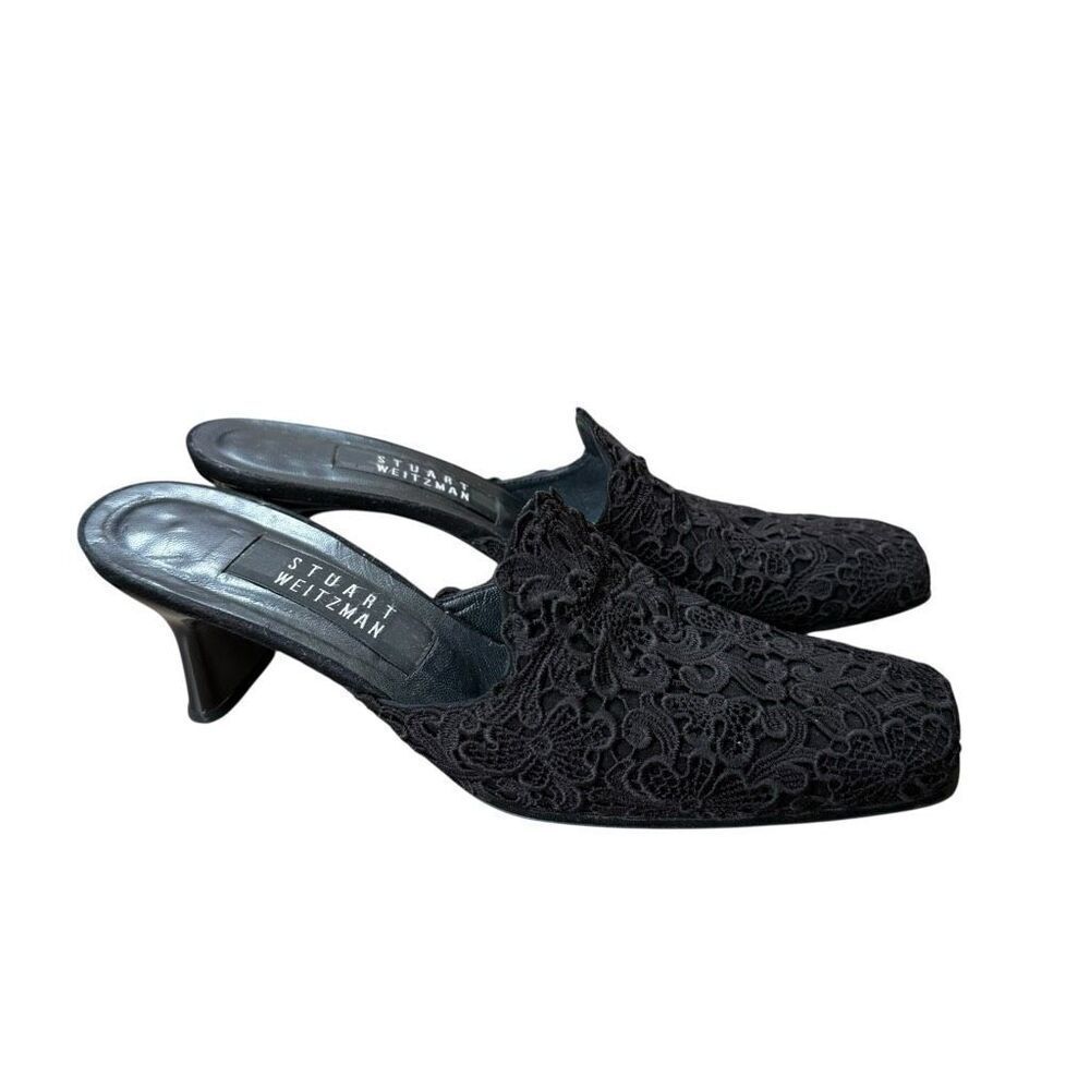 Stuart Weitzman Black Lingerie Lace Slip On Mules Heels Shoes Sz 7